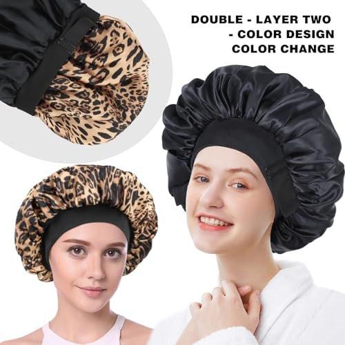 Doppellagige Satin Schlafhaube – Verstellbare Haube für schwarze Frauen, Lockiges Haar, umkehrbar (Schwarz und Leopard)