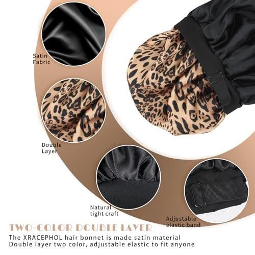 Doppellagige Satin Schlafhaube – Verstellbare Haube für schwarze Frauen, Lockiges Haar, umkehrbar (Schwarz und Leopard)