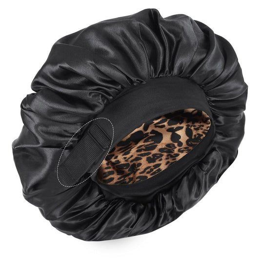 Doppellagige Satin Schlafhaube – Verstellbare Haube für schwarze Frauen, Lockiges Haar, umkehrbar (Schwarz und Leopard)