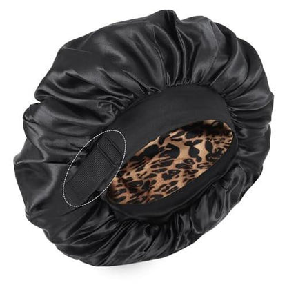 Doppellagige Satin Schlafhaube – Verstellbare Haube für schwarze Frauen, Lockiges Haar, umkehrbar (Schwarz und Leopard)