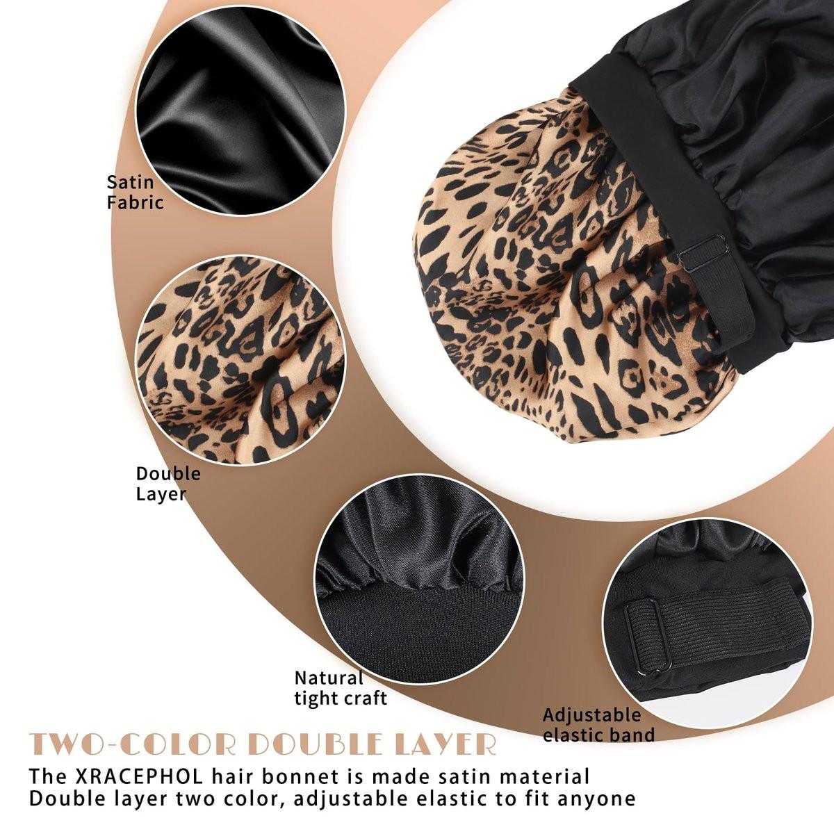 Doppellagige Satin Schlafhaube – Verstellbare Haube für schwarze Frauen, Lockiges Haar, umkehrbar (Schwarz und Leopard)