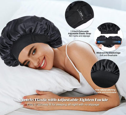 Doppellagige Satin Schlafhaube – Verstellbare Haube für schwarze Frauen, Lockiges Haar, umkehrbar (Schwarz und Leopard)