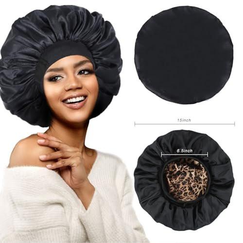 Doppellagige Satin Schlafhaube – Verstellbare Haube für schwarze Frauen, Lockiges Haar, umkehrbar (Schwarz und Leopard)