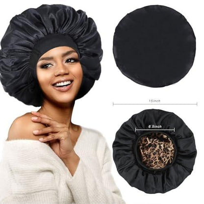 Doppellagige Satin Schlafhaube – Verstellbare Haube für schwarze Frauen, Lockiges Haar, umkehrbar (Schwarz und Leopard)