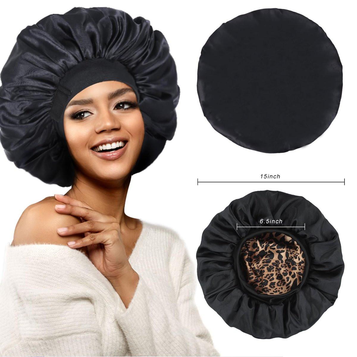 Doppellagige Satin Schlafhaube – Verstellbare Haube für schwarze Frauen, Lockiges Haar, umkehrbar (Schwarz und Leopard)