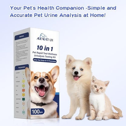 AlievePet Urinteststreifen für Katzen & Hunde – 10 Parameter, 100 Stück – Diabetes, Blutketone, Harnwegsinfektion, Glukose, Nitrit, Spezifisches Gewicht, pH, Protein, Leukozyten & mehr