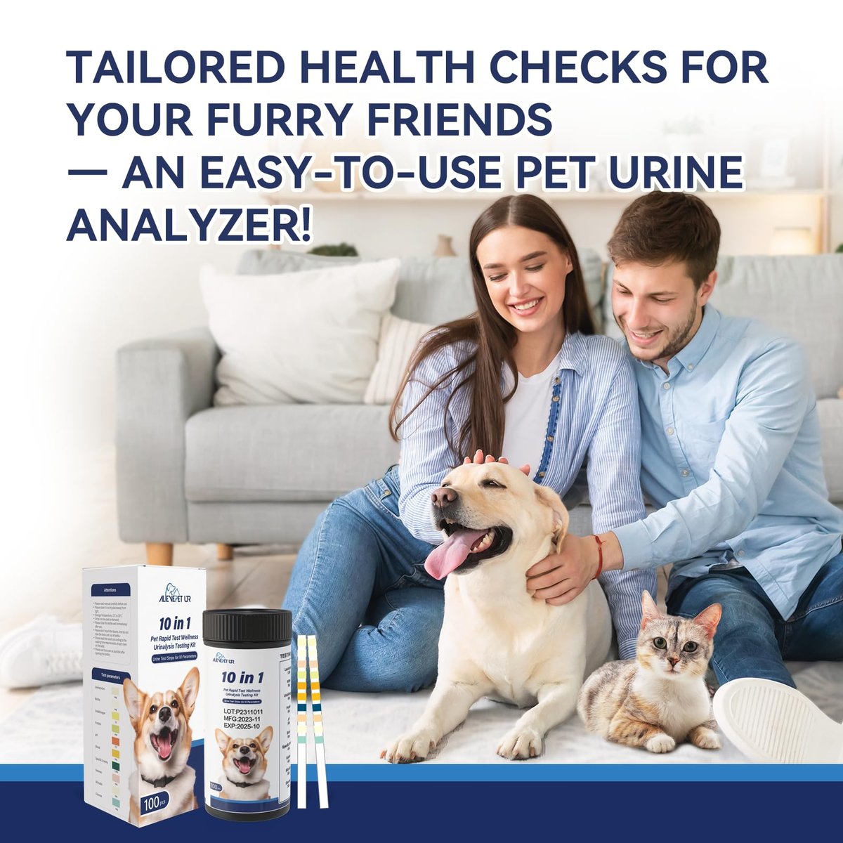 AlievePet Urinteststreifen für Katzen & Hunde – 10 Parameter, 100 Stück – Diabetes, Blutketone, Harnwegsinfektion, Glukose, Nitrit, Spezifisches Gewicht, pH, Protein, Leukozyten & mehr