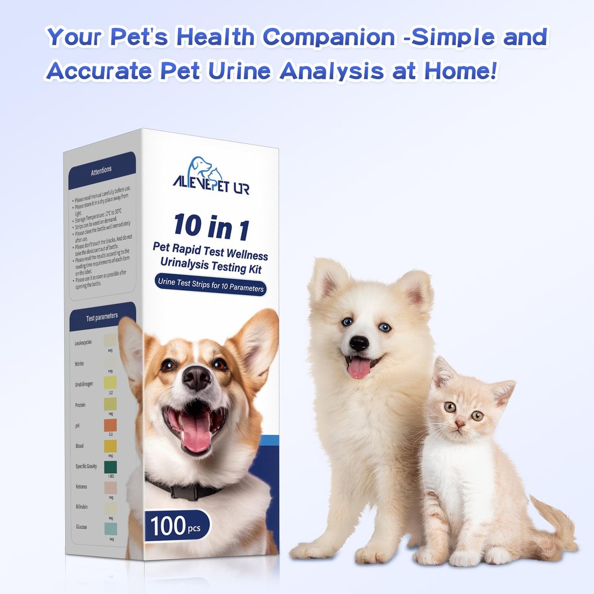 AlievePet Urinteststreifen für Katzen & Hunde – 10 Parameter, 100 Stück – Diabetes, Blutketone, Harnwegsinfektion, Glukose, Nitrit, Spezifisches Gewicht, pH, Protein, Leukozyten & mehr