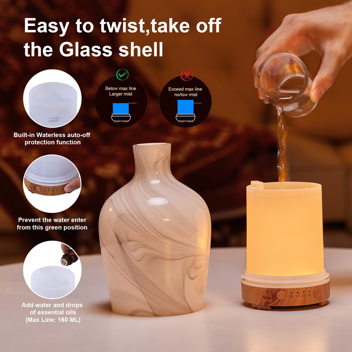 Klassische Vase aus Glas – Aromatherapie-Diffuser 160ml Ultraschall Kaltnebel Duftdiffuser mit LED 7 Farben Nachtlicht für Schlafzimmer