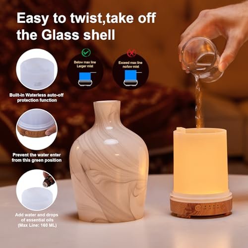 Klassische Vase aus Glas – Aromatherapie-Diffuser 160ml Ultraschall Kaltnebel Duftdiffuser mit LED 7 Farben Nachtlicht für Schlafzimmer