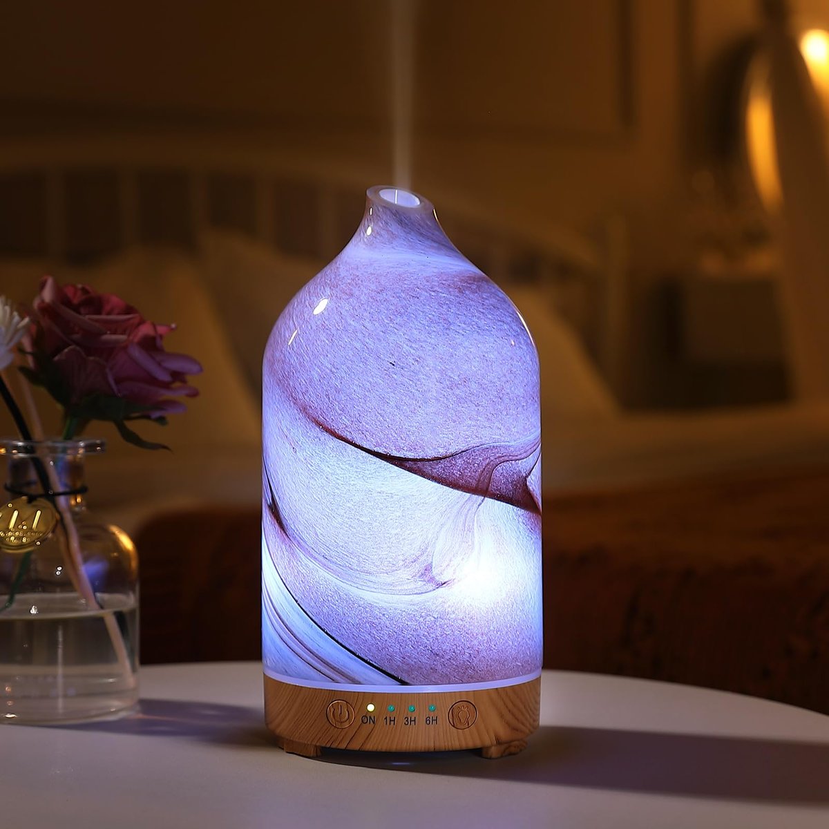 Inrorans Handgeblasener Glas-Aromadiffusor – Ultrasonic Kaltnebel Diffuser mit 7 Farben Nachtlicht, Timer & Auto-Abschaltung (Braun, Felsoptik)