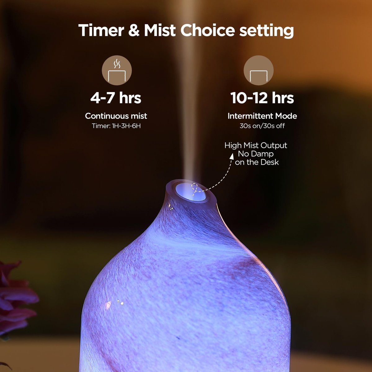 Inrorans Handgeblasener Glas-Aromadiffusor – Ultrasonic Kaltnebel Diffuser mit 7 Farben Nachtlicht, Timer & Auto-Abschaltung (Braun, Felsoptik)