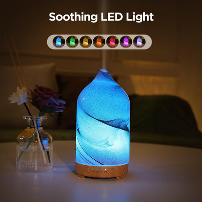 Inrorans Handgeblasener Glas-Aromadiffusor – Ultrasonic Kaltnebel Diffuser mit 7 Farben Nachtlicht, Timer & Auto-Abschaltung (Braun, Felsoptik)