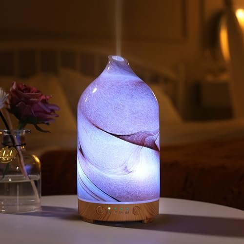 Inrorans Handgeblasener Glas-Aromadiffusor – Ultrasonic Kaltnebel Diffuser mit 7 Farben Nachtlicht, Timer & Auto-Abschaltung (Braun, Felsoptik)