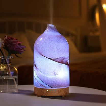 Inrorans Handgeblasener Glas-Aromadiffusor – Ultrasonic Kaltnebel Diffuser mit 7 Farben Nachtlicht, Timer & Auto-Abschaltung (Braun, Felsoptik)