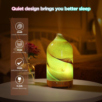 Inrorans Handgeblasener Glas-Aromadiffusor – Ultrasonic Kaltnebel Diffuser mit 7 Farben Nachtlicht, Timer & Auto-Abschaltung (Braun, Felsoptik)