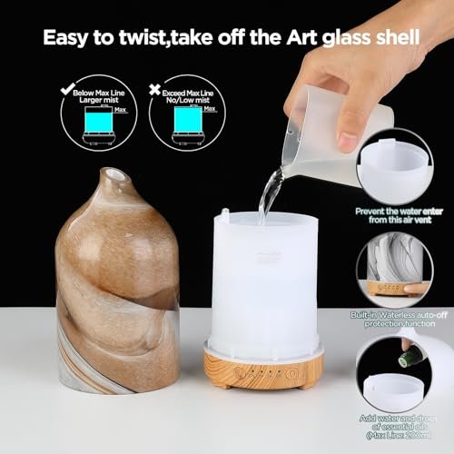 Inrorans Handgeblasener Glas-Aromadiffusor – Ultrasonic Kaltnebel Diffuser mit 7 Farben Nachtlicht, Timer & Auto-Abschaltung (Braun, Felsoptik)