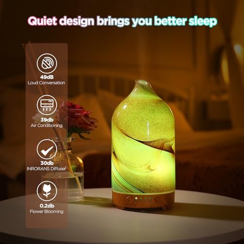 Inrorans Handgeblasener Glas-Aromadiffusor – Ultrasonic Kaltnebel Diffuser mit 7 Farben Nachtlicht, Timer & Auto-Abschaltung (Braun, Felsoptik)