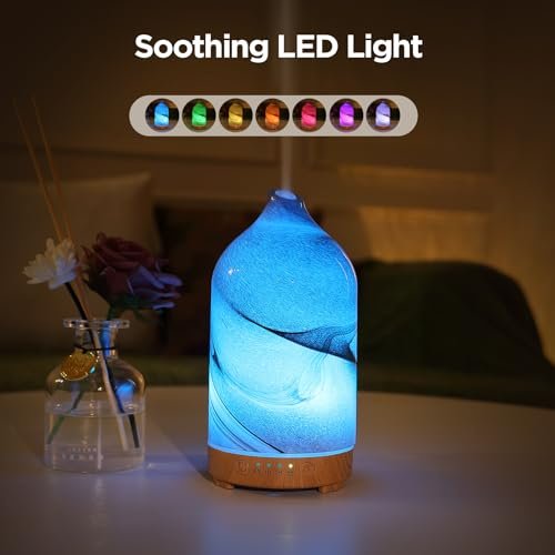 Inrorans Handgeblasener Glas-Aromadiffusor – Ultrasonic Kaltnebel Diffuser mit 7 Farben Nachtlicht, Timer & Auto-Abschaltung (Braun, Felsoptik)