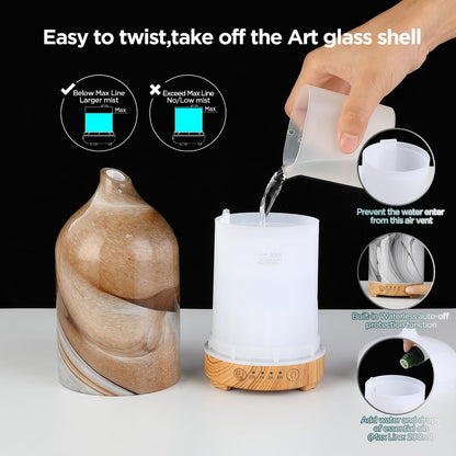 Inrorans Handgeblasener Glas-Aromadiffusor – Ultrasonic Kaltnebel Diffuser mit 7 Farben Nachtlicht, Timer & Auto-Abschaltung (Braun, Felsoptik)
