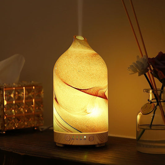 Inrorans Handgeblasener Glas-Aromadiffusor – Ultrasonic Kaltnebel Diffuser mit 7 Farben Nachtlicht, Timer & Auto-Abschaltung (Braun, Felsoptik)
