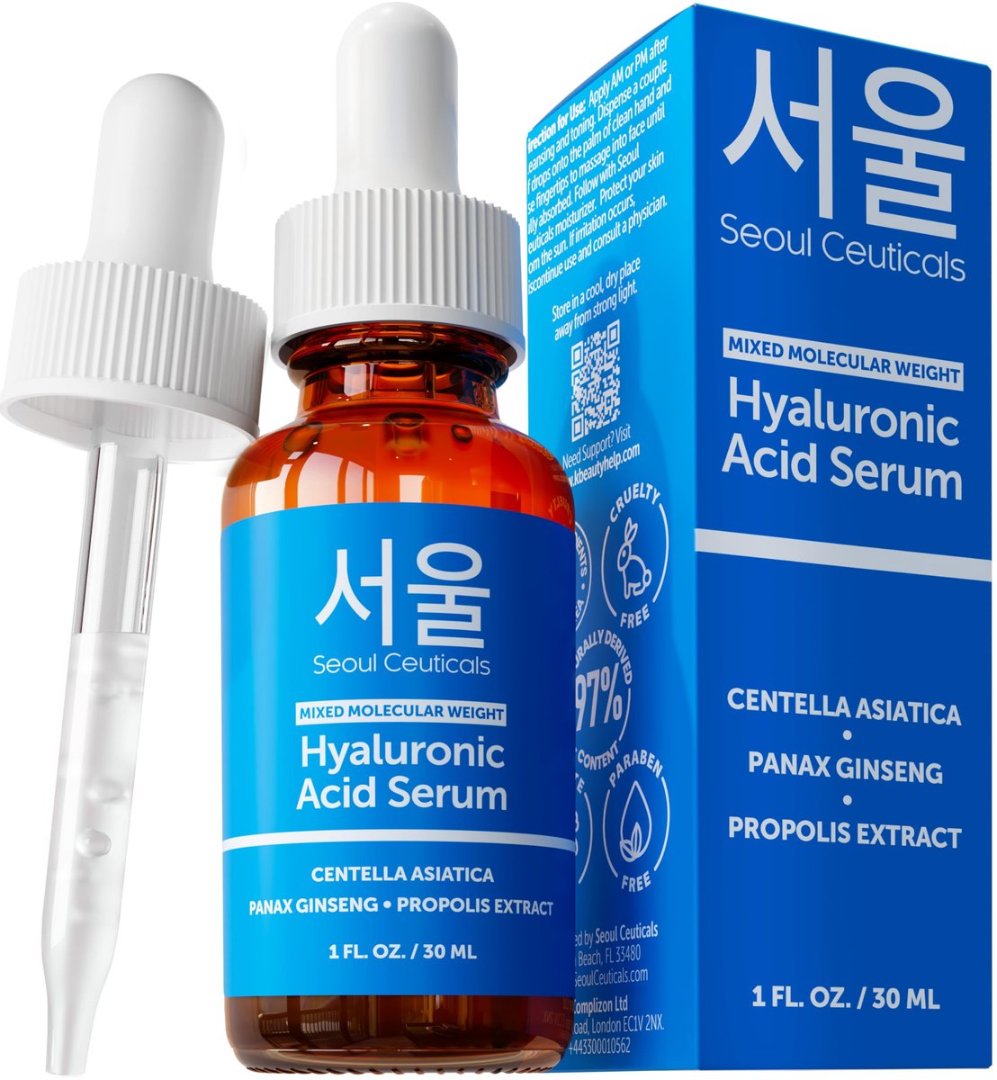SeoulCeuticals Koreanisches Hyaluronsäure-Serum für das Gesicht – Hochmolekulare & niedermolekulare Hyaluronsäure – Centella-Serum + Propolis. 30 ml