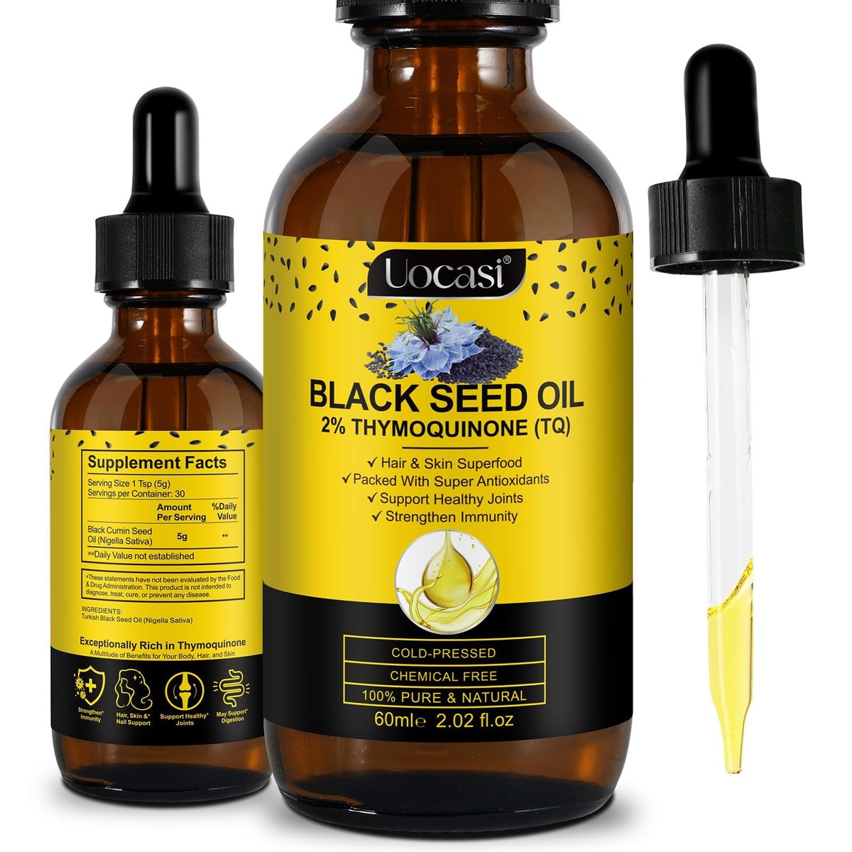 Uocasi Schwarzkümmelöl, kaltgepresst, 100% rein & natürlich, für Haarwachstum & Hautpflege, 60 ml