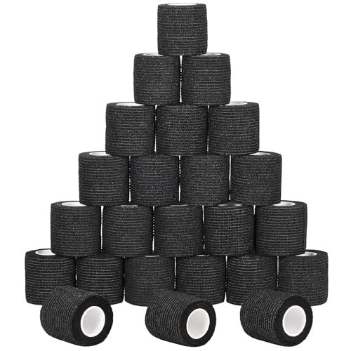 24er Pack Selbsthaftende Kohäsive Wickelverbände, Nicht gewebte Kohäsive Binde, Elastische Selbstklebende Bandage, Sport-Tape, Erste-Hilfe-Bandage für Handgelenk, Knöchel, Haustier, Pfotenwickel, 2 Zoll (Schwarz)