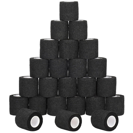24er Pack Selbsthaftende Kohäsive Wickelverbände, Nicht gewebte Kohäsive Binde, Elastische Selbstklebende Bandage, Sport-Tape, Erste-Hilfe-Bandage für Handgelenk, Knöchel, Haustier, Pfotenwickel, 2 Zoll (Schwarz)