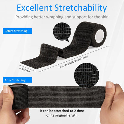 24er Pack Selbsthaftende Kohäsive Wickelverbände, Nicht gewebte Kohäsive Binde, Elastische Selbstklebende Bandage, Sport-Tape, Erste-Hilfe-Bandage für Handgelenk, Knöchel, Haustier, Pfotenwickel, 2 Zoll (Schwarz)