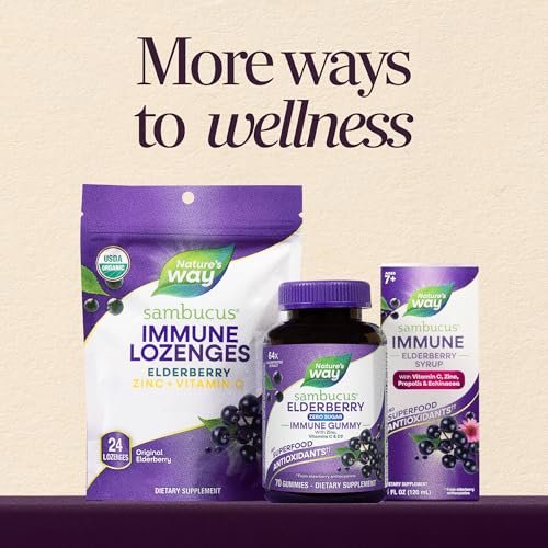 Nature's Way Sambucus Zero Sugar Immune Gummies – Tägliche Immununterstützung mit Holunderextrakt, Vitamin C, Vitamin D3, Zink – Zuckerfrei, ohne Zuckeralkohole – 70 Gummis