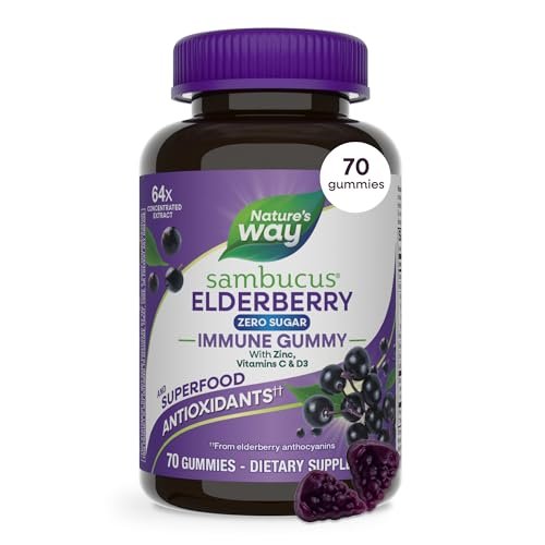 Nature's Way Sambucus Zero Sugar Immune Gummies – Tägliche Immununterstützung mit Holunderextrakt, Vitamin C, Vitamin D3, Zink – Zuckerfrei, ohne Zuckeralkohole – 70 Gummis