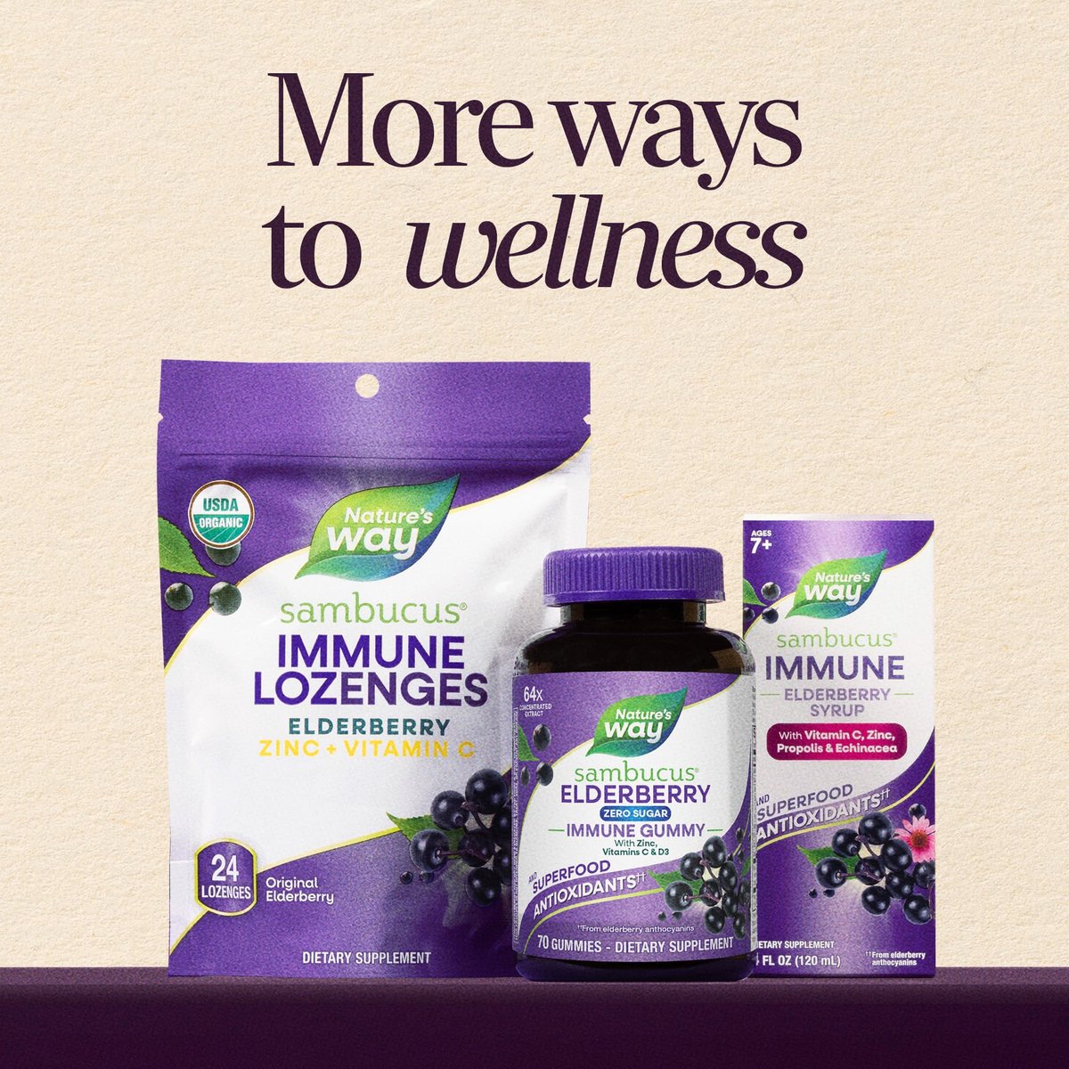 Nature's Way Sambucus Zero Sugar Immune Gummies – Tägliche Immununterstützung mit Holunderextrakt, Vitamin C, Vitamin D3, Zink – Zuckerfrei, ohne Zuckeralkohole – 70 Gummis