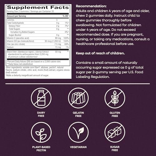 Nature's Way Sambucus Zero Sugar Immune Gummies – Tägliche Immununterstützung mit Holunderextrakt, Vitamin C, Vitamin D3, Zink – Zuckerfrei, ohne Zuckeralkohole – 70 Gummis