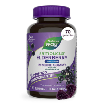 Nature's Way Sambucus Zero Sugar Immune Gummies – Tägliche Immununterstützung mit Holunderextrakt, Vitamin C, Vitamin D3, Zink – Zuckerfrei, ohne Zuckeralkohole – 70 Gummis