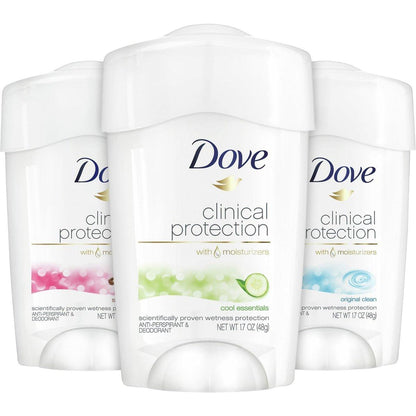 Dove Deodorant, Clinical Protection für Frauen, 3-Stick-Variety-Pack – Antiperspirant Deodorant mit 48-Stunden-Schutz, feuchtigkeitsspendend für empfindliche Haut, parfümiert, 1,7 Unzen (3er Set)