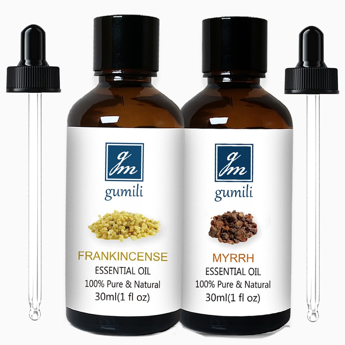 GM Gumili Weihrauch & Myrrhe Ätherisches Öl Set, 2 x 30 ml, 100 % reine unverdünnte ätherische Öle für Diffuser, Aromatherapie, Meditation & Hautpflege