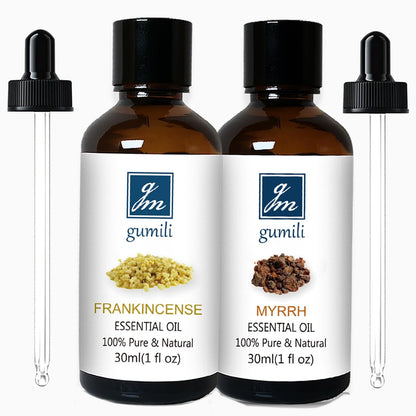 GM Gumili Weihrauch & Myrrhe Ätherisches Öl Set, 2 x 30 ml, 100 % reine unverdünnte ätherische Öle für Diffuser, Aromatherapie, Meditation & Hautpflege