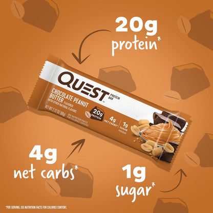 Quest Nutrition Proteinriegel Schokolade Erdnussbutter – 20g Protein, 1g Zucker, 5g Netto-Kohlenhydrate, glutenfrei, keto-freundlich, 4er Pack
