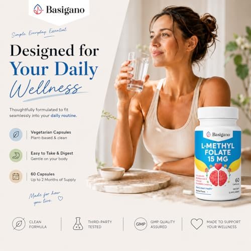 Basigano 15mg L-Methylfolat (5-MTHF) – Aktive Folsäure mit Vitamin B6 und B12 – 60 vegane Kapseln – Non-GMO, glutenfrei