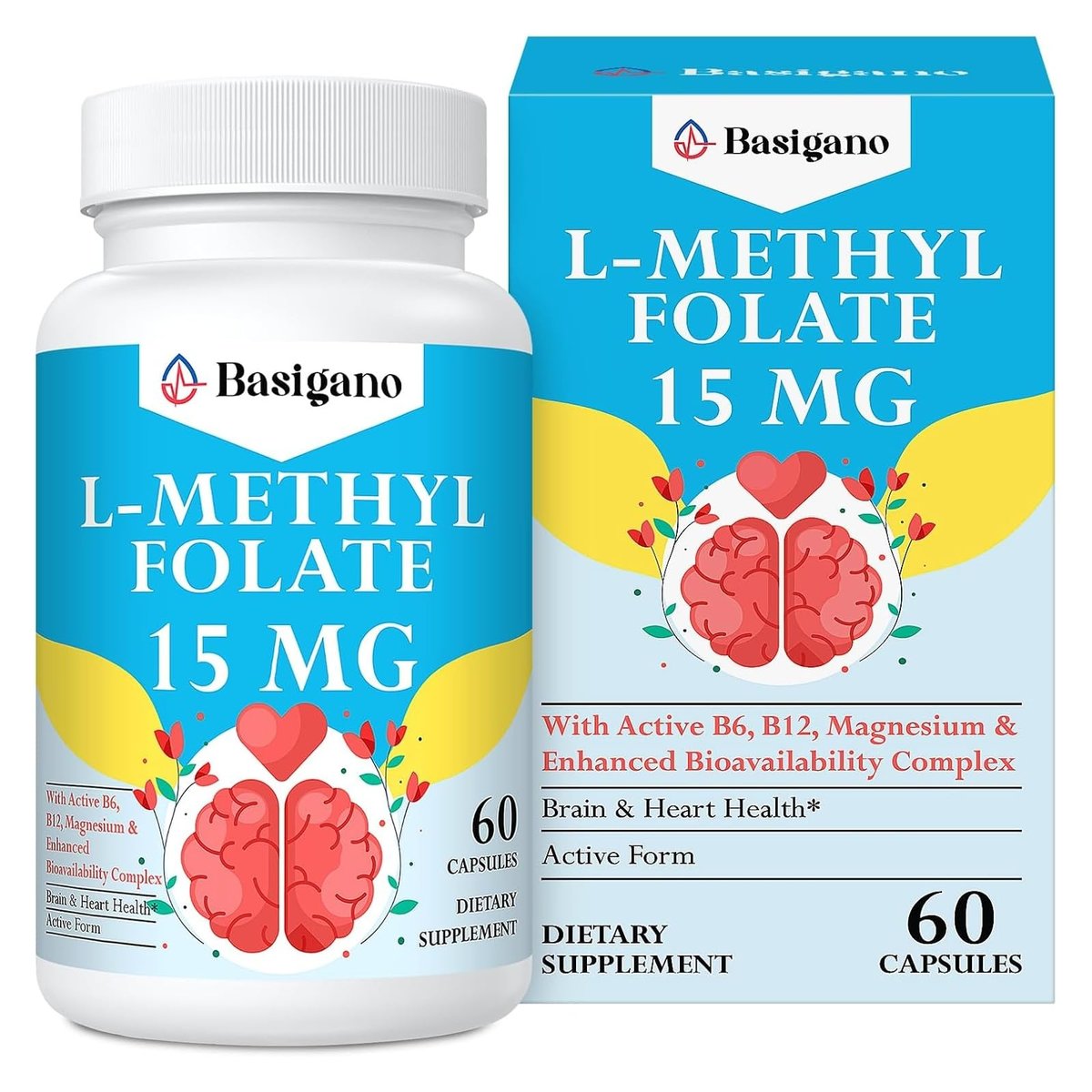 Basigano 15mg L-Methylfolat (5-MTHF) – Aktive Folsäure mit Vitamin B6 und B12 – 60 vegane Kapseln – Non-GMO, glutenfrei