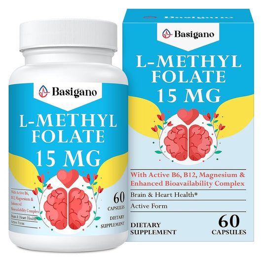 Basigano 15mg L-Methylfolat (5-MTHF) – Aktive Folsäure mit Vitamin B6 und B12 – 60 vegane Kapseln – Non-GMO, glutenfrei