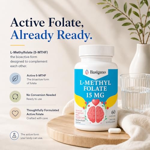 Basigano 15mg L-Methylfolat (5-MTHF) – Aktive Folsäure mit Vitamin B6 und B12 – 60 vegane Kapseln – Non-GMO, glutenfrei
