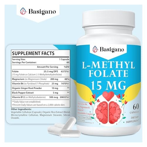 Basigano 15mg L-Methylfolat (5-MTHF) – Aktive Folsäure mit Vitamin B6 und B12 – 60 vegane Kapseln – Non-GMO, glutenfrei