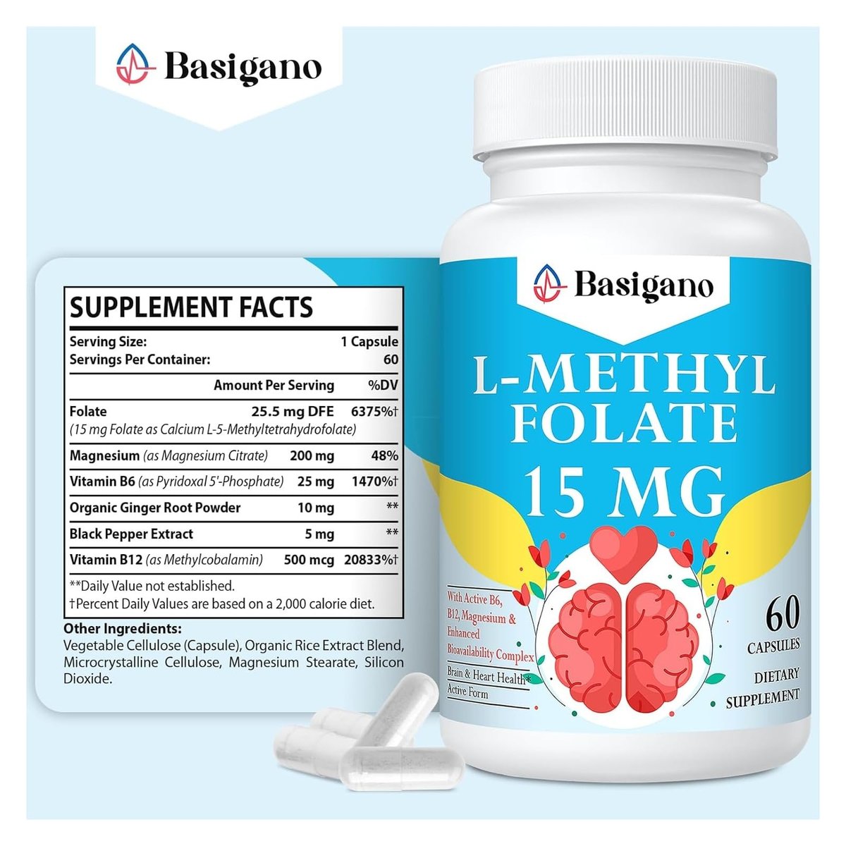 Basigano 15mg L-Methylfolat (5-MTHF) – Aktive Folsäure mit Vitamin B6 und B12 – 60 vegane Kapseln – Non-GMO, glutenfrei