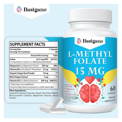 Basigano 15mg L-Methylfolat (5-MTHF) – Aktive Folsäure mit Vitamin B6 und B12 – 60 vegane Kapseln – Non-GMO, glutenfrei