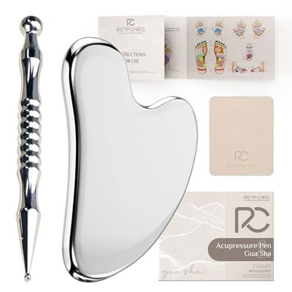 Rena Chris Akupunktur-Stift und Gua Sha Set – Manuelle Reflexzonenwerkzeuge zur Linderung von Muskelverspannungen und Schmerzen, Akupressurstift und Edelstahl-Gua Sha Set mit Reflexzonenkarte, einfach zu verwenden