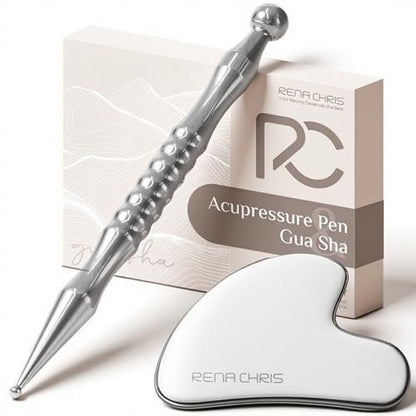Rena Chris Akupunktur-Stift und Gua Sha Set – Manuelle Reflexzonenwerkzeuge zur Linderung von Muskelverspannungen und Schmerzen, Akupressurstift und Edelstahl-Gua Sha Set mit Reflexzonenkarte, einfach zu verwenden