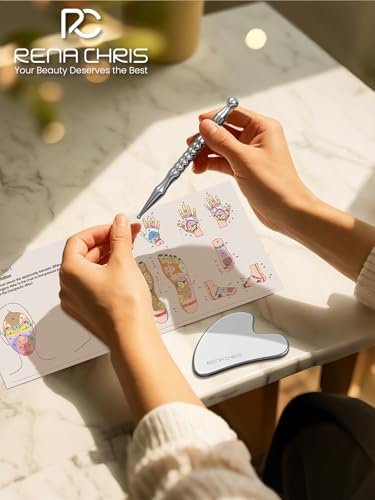 Rena Chris Akupunktur-Stift und Gua Sha Set – Manuelle Reflexzonenwerkzeuge zur Linderung von Muskelverspannungen und Schmerzen, Akupressurstift und Edelstahl-Gua Sha Set mit Reflexzonenkarte, einfach zu verwenden