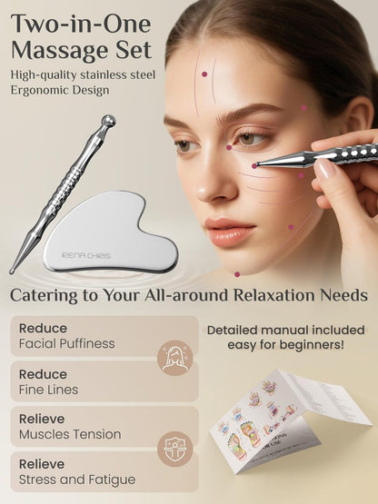 Rena Chris Akupunktur-Stift und Gua Sha Set – Manuelle Reflexzonenwerkzeuge zur Linderung von Muskelverspannungen und Schmerzen, Akupressurstift und Edelstahl-Gua Sha Set mit Reflexzonenkarte, einfach zu verwenden